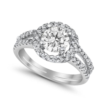 Halo Split Shank Engagement Ring Round Simulated CZ 925 Sterling Silver
